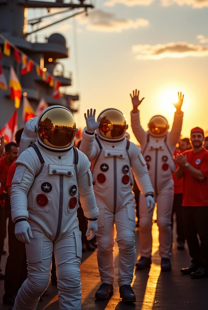 *supper:* The three astronauts aboard an aircraft carrier, waving at the camera.
*texto:* "Astronauts are welcomed with celebration. The mission was a great success!"