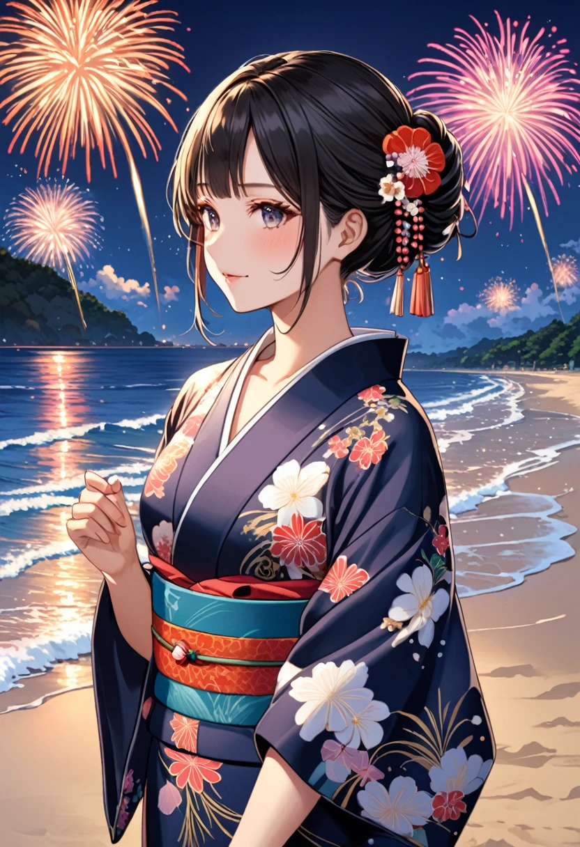 Fireworks display on a Japanese beach, Kimono Girl, Highest quality, masterpiece, Representative works, Official Art, Professional, Super intricate details, 8k