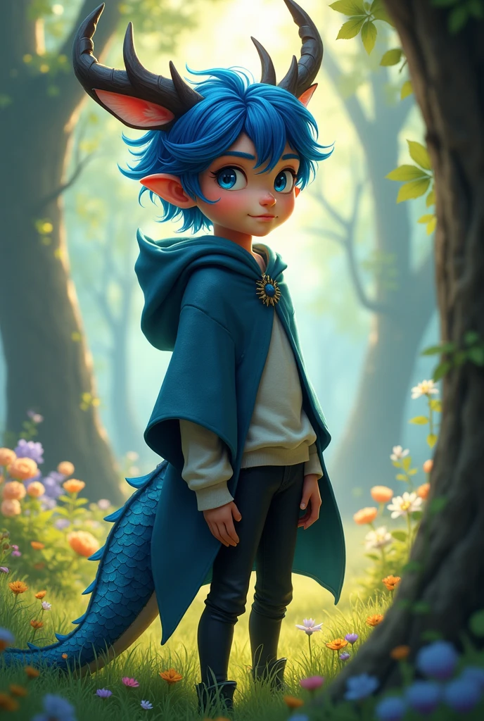 my name Andrea im hybrid I have body human but I have blue dark deer ears, I dont have ears human and blue dark tail dragon is scales many and big tail the upper tail had fluffy much and I have horns small and I have fluffy hair its blue my eyes blue I wear the hooded poncho and black pant I’m boy I have 1’69 I’m half human and half deer and half dragon but my body are normale and skin like human, I had tail or deer ears and small horn