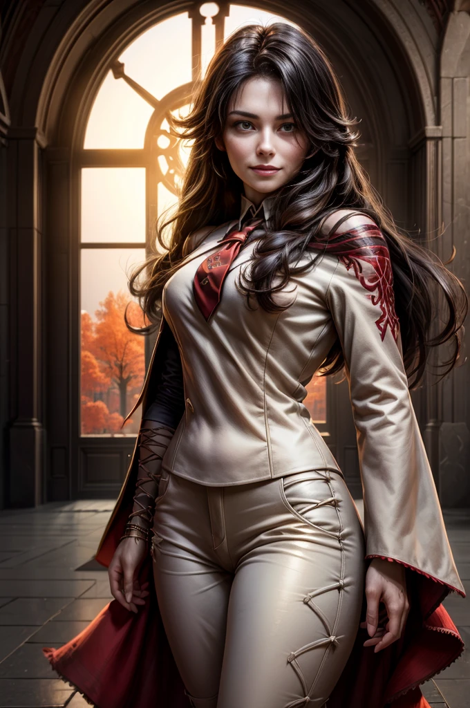 (masterpiece, best quality:1.2), cowboy shot, solo, 1girl, cinder fall, evil smile, looking at viewer, long hair, white suit, red shirt, tie, standing outside huge gothic building, trees, (volumetric lighting), sharp focus, hyper detailed