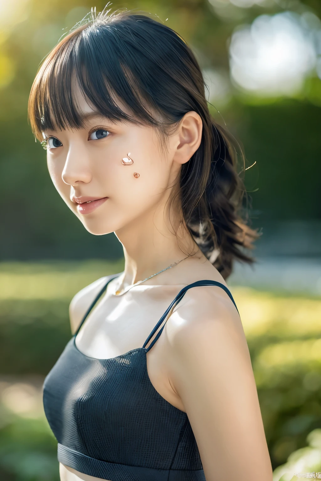 Skinny Japanese woman, Dressed, small head, cute face, detailed face, detailed eyes, (photographrealistic:1.4), (Hyper realistic:1.4), (Realistic:1.3), (Smoother lighting:1.05), (increase cinematic lighting quality:0.9), 32K, 1girl in, 30-years old, Realistic lighting, Backlighting, Light on Face, raytrace, (Brightening light:1.2), (Increase quality:1.4), (Top quality real texture skins:1.4), Black underwear, a necklace, Very thin waist, slender legs, (Increase body line mood:1.1), (Increase the beauty of skin texture:1.1)
