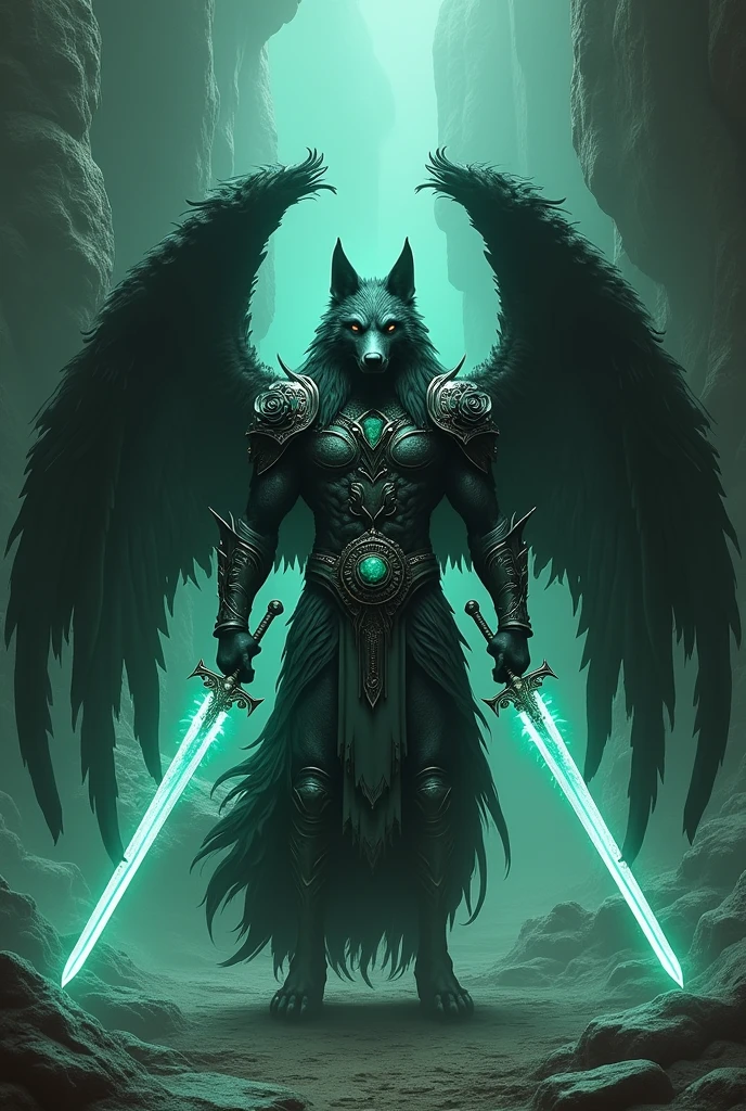 Make an extremely realistic humanoid wolf with wings and 2 shiny jade swords and armor with rose designs. This wolf is the lord of the underworld. 