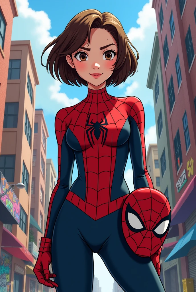 A 15 year old girl,very short hair, color cafe, light brown eyes, pale skin, with a black and red spiderman suit, and without the mask (cartoon style)