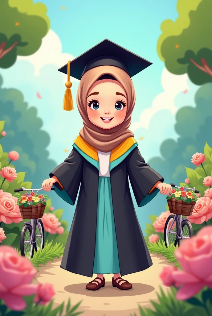 Chiby cartoon, A women wearing hijab, pastel brown color hijab, wearing black graduation hat, wearing pastel blue graduation hood with yellow color on the edge, wearing black graduation gown, Long graduation gown that covers the ankles, wearing black shoes, , flower garden background , Bicycle background with flower basket , kawaii theme designs, kawaii poses