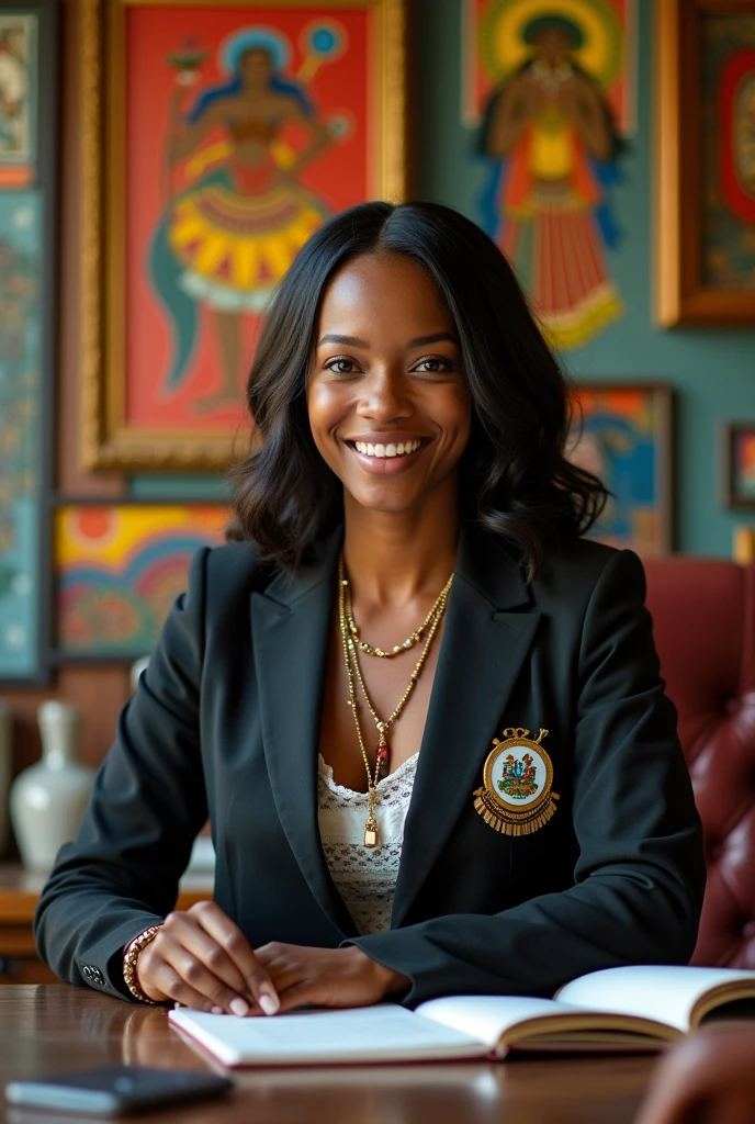Merci de créer une image illustre une secrétaire afro américaine, âgée de 24 ans, cheveux naturel lisse. Porte un tailleur logo SKET. M. Elle reçoit dans son bureau deux jeune vodousantes, agées de 20 et 25 ans, habits traditionel haitienne, des colliers. Elles veulent s informer sur les iformations du centre culturel Macumba 666. Salle hautement colorée, des materiel vodou haitien, des tableaux culturels. En evidence la secrétaire Camelita portant un badge, logo "SKET.M" et les deux jeunes.