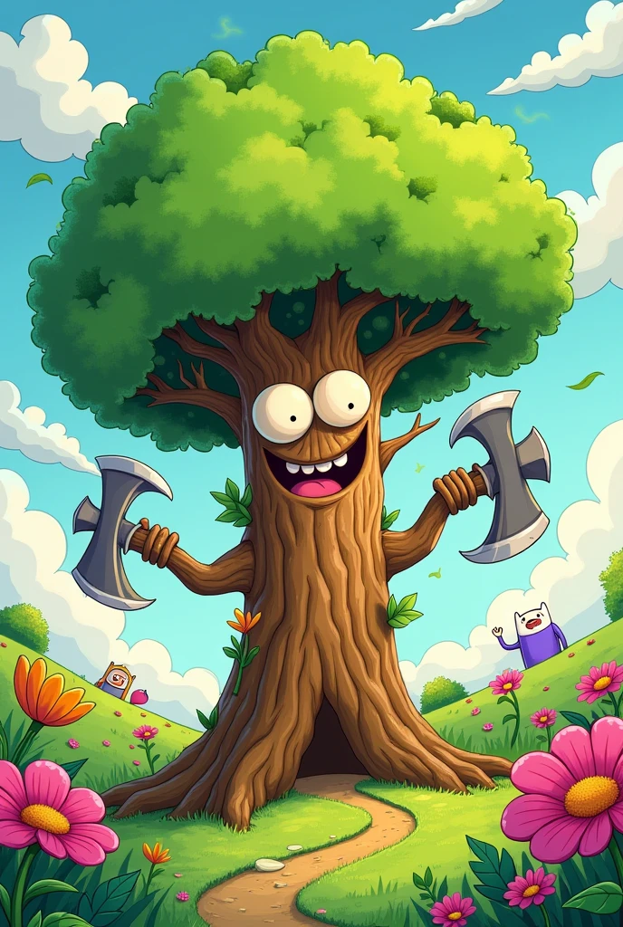 Tree with face and axe arms, Adventure Time style