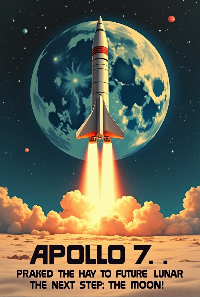 supper:* A poster from the Apollo program, com the moon ao fundo e um foguete apontando para ela.
*texto:* "Apollo 7 paved the way for future lunar missions. The next step: the moon!"