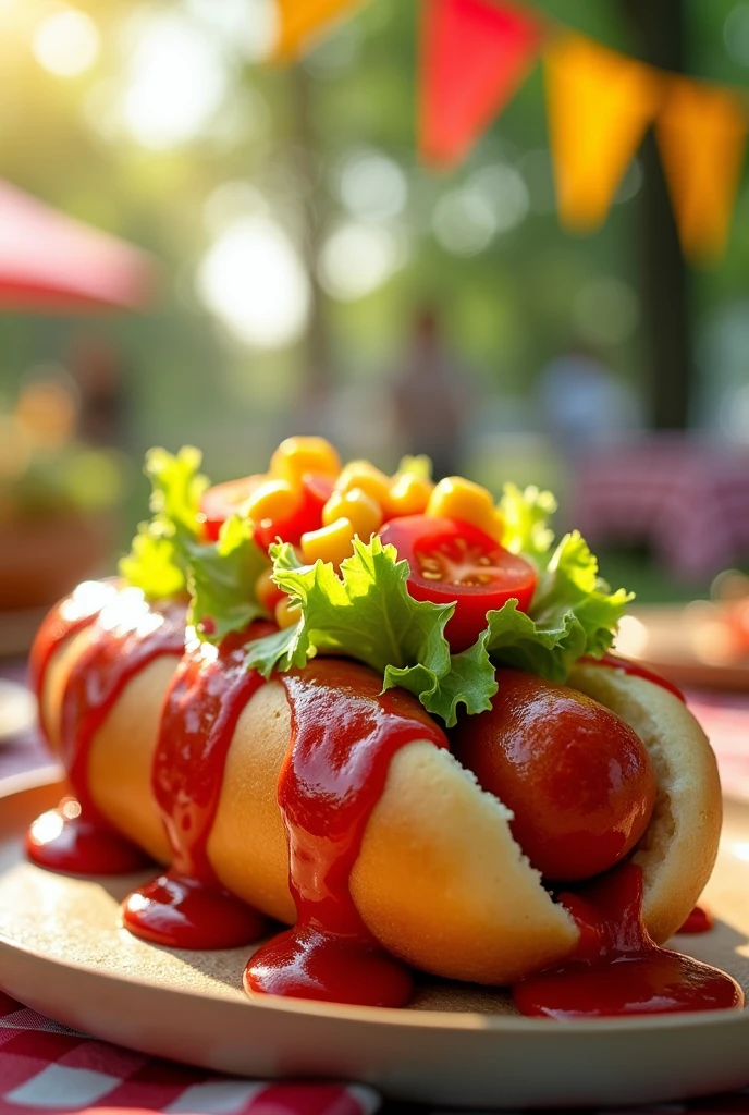 Hot dog with lots of tomato sauce, corn and chopped lettuce and tomato salad on top of the hot dog 