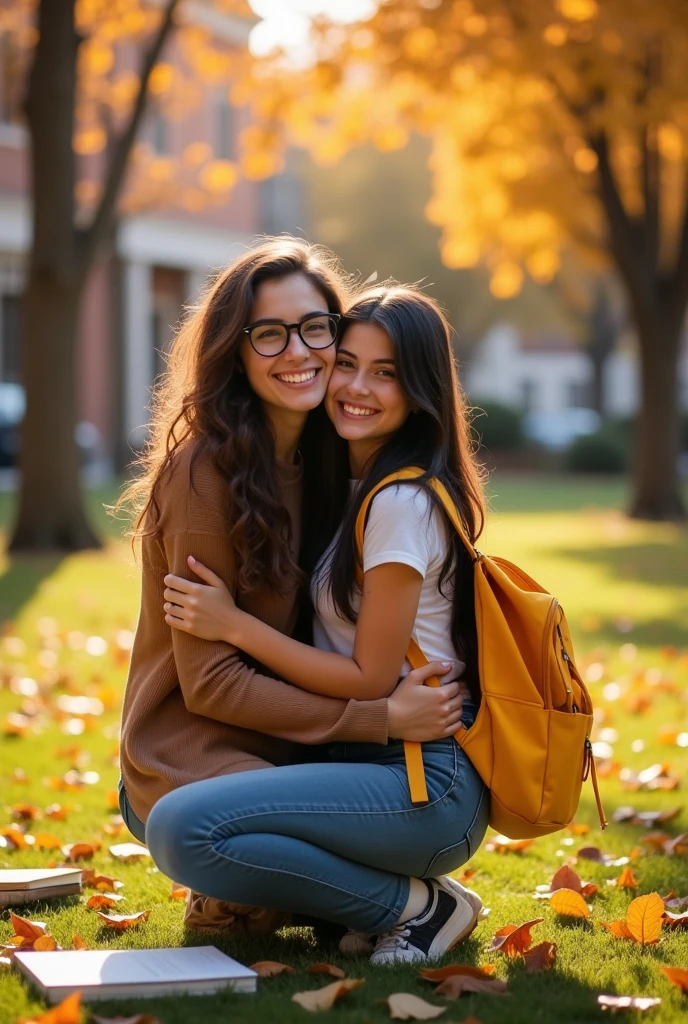 A female university student hugging a female high school student from behind