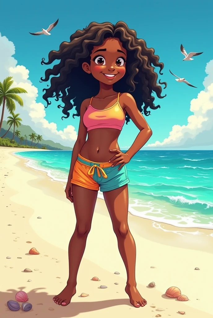 Black girl wearing panties, no bra on a beach anime version