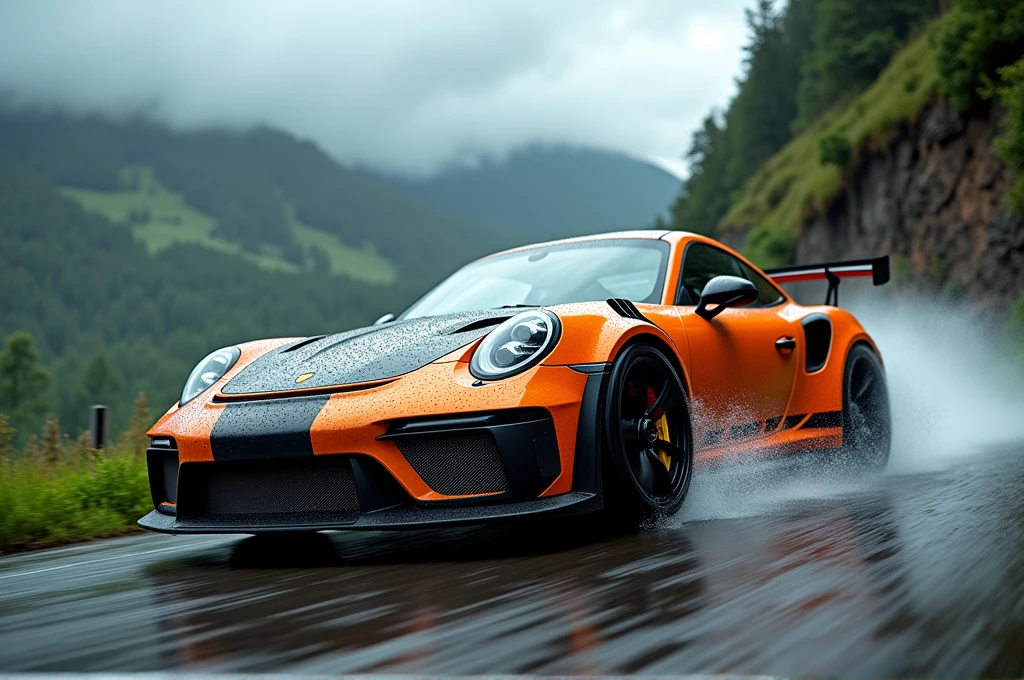 porsche 911 gt3 rs drifting on a country road raining next to a cliff hyper realistic,insane detail, , 8k, photography, Sony Alpha, Canon 5D, Fujifilm xt100