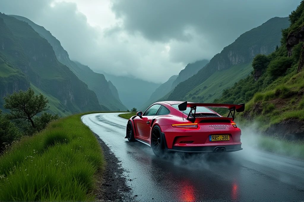porsche 911 gt3 rs drifting on a country road raining next to a cliff hyper realistic,insane detail, , 8k, photography, Sony Alpha, Canon 5D, Fujifilm xt100