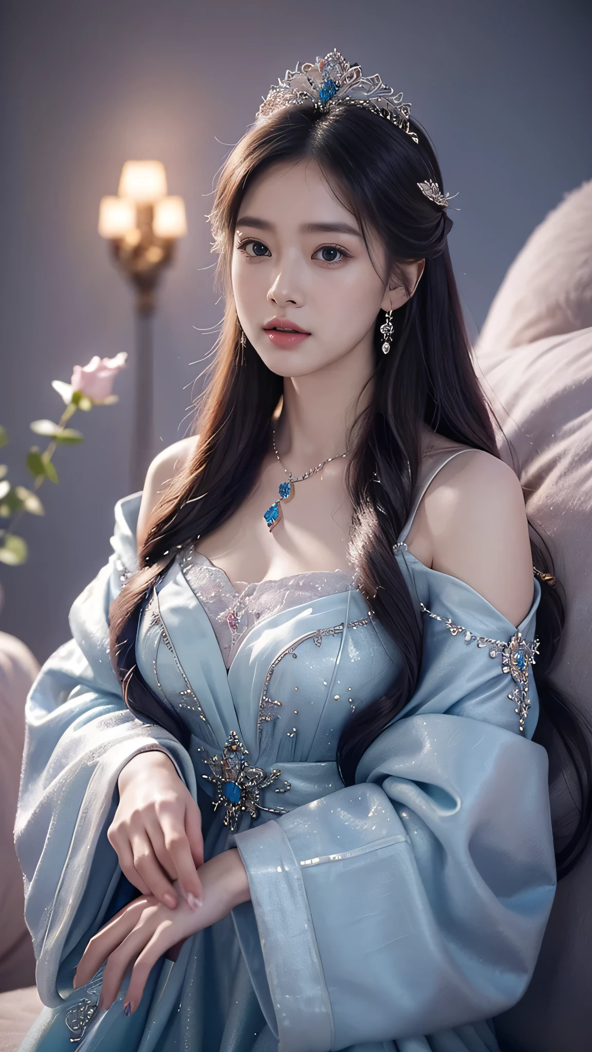 There was a woman in a Rose Colour dress，Wearing a necklace,((a beautiful fantasy empress).inspired by Sim Sa-jeong，Azure.detailed hairs,winter princess,LCE Princess,Guvez-Steville artwork,8K)),fantasy aesthetic!.Guviz,Ice Queen,8k high-quality detailed art.