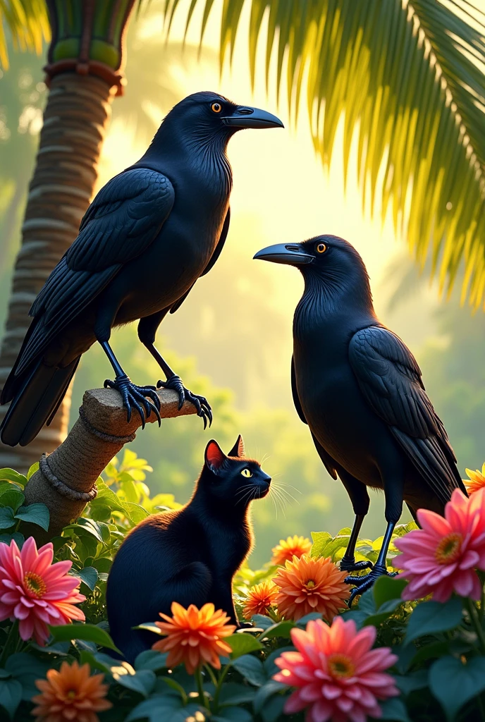 Two raven in a palm borning poin a potcats