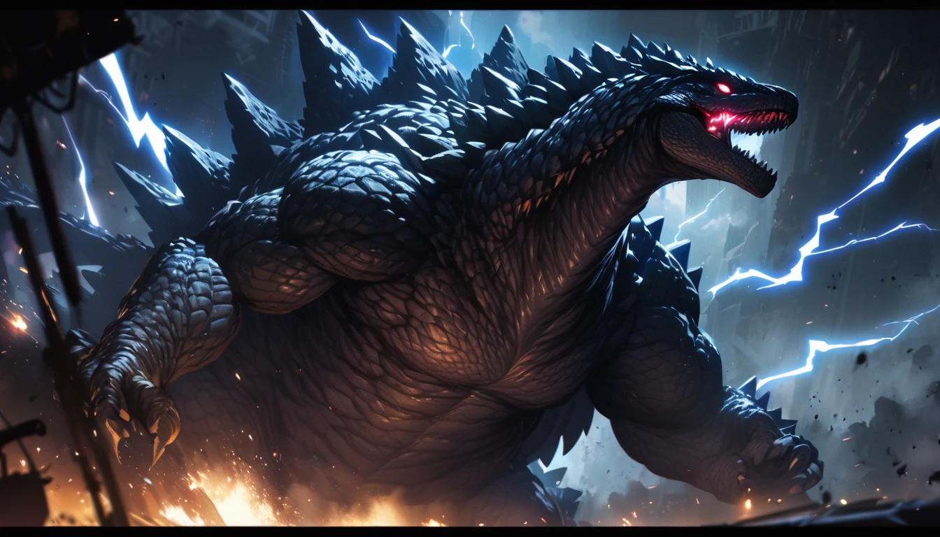 (high quality, highres:1.2), dark and mysterious godzilla, monstrous creature with blue lightning bolts, highly detailed, deep darkness, atmospheric lighting and particle effects,radioactive atomic breath