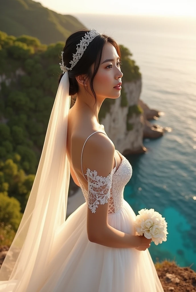 An attractive bride, with styled black hair and a simple and elegant lace princess dress, a long bridal veil and a half crystal crown, a bouquet of white roses, beautiful figure, attractive, soft makeup, beautiful, on the shores of the Philippines on a cliff with a view of Abhar. XT3 film, professional lighting, soft colors, intricate details, film grain, realistic painting art Fujifilm XT3, f5.6, landscape, (Best quality, 4k, 8k 16k, highest, masterpiece: 1.2)، (Realistic, real photography, real photo: 1.37)، (Very detailed CG unit, 16k wallpaper)Using the most advanced deep learning models and setting parameters based on specified criteria, realistic image 