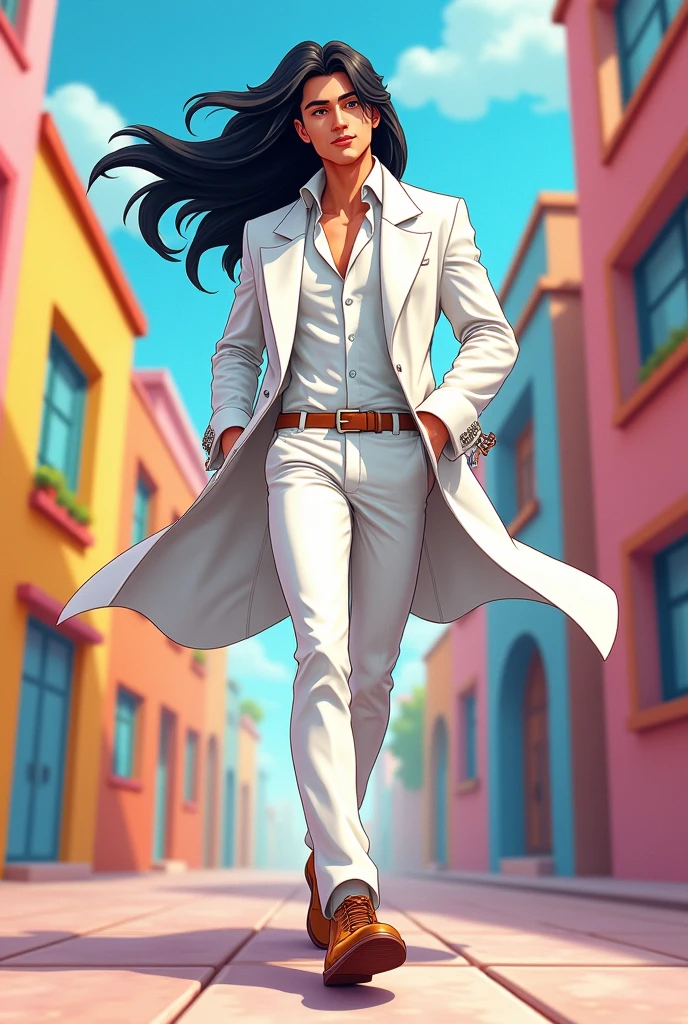 (Toon style image) Create a young man with long dark hair, wearing a white suit and trench coat