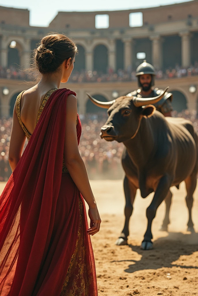 (photorealism:1.2), a woman of ancient Rome with a high position and a slave, The two of them as prisoners and poorly dressed about to be executed in the Coliseum of Rome, In front of them a gladiator and a wild bull as their opponents