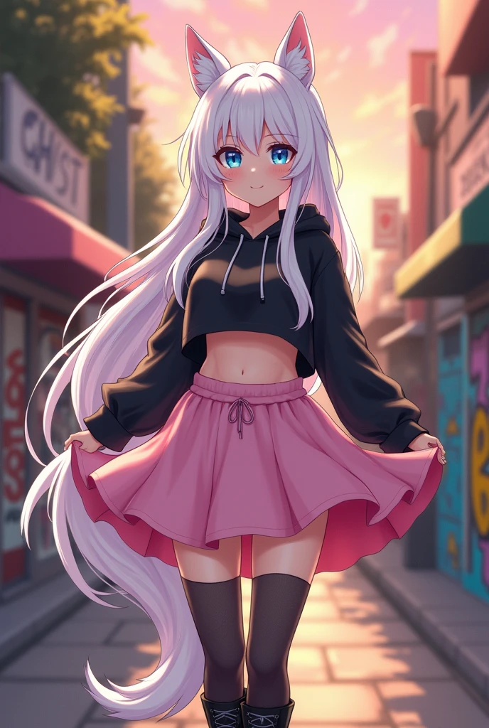 sexy, single girl, anime, short, long white hair, wolf ears, wolf tail, blue eyes, with cute pink skirt, thigh high socks, Black combat boots, Only a woman ((big chest)), Wide hips, thick thighs, happy, yoga leggings, wearing cropped black hoodie, alone, alone