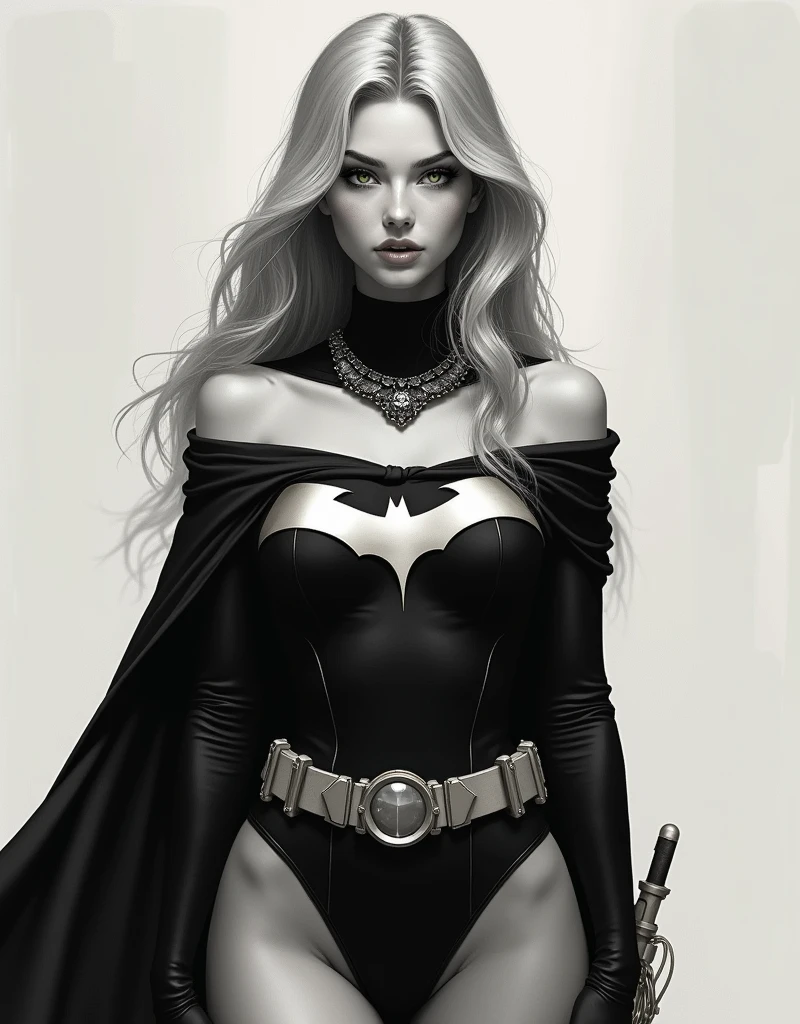 1 girl in, 20 years, standing alone, long hair, Colossal , looking forward at the viewer, blonde hair, blonde hair, bare shoulders, green eyes, Jewelry, whole body, NECKLACE, off the shoulders, Sweaters, realistic, sexual, big tits,batgirl superheroes full outfit, Black and white