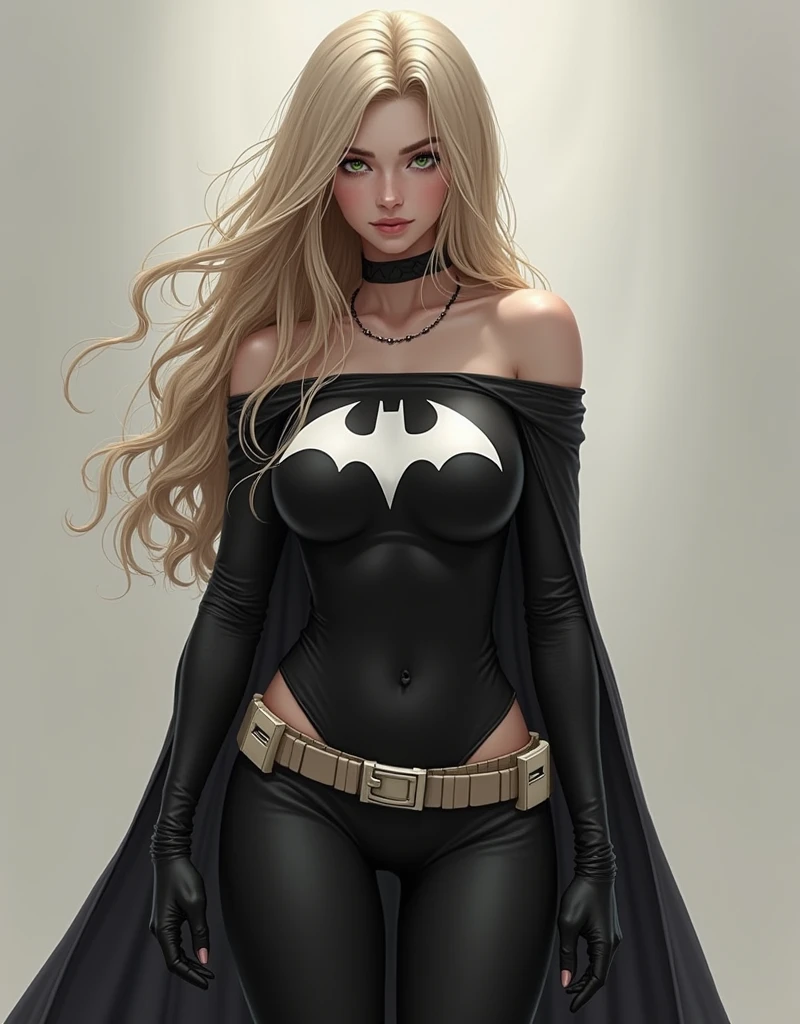 1 girl in, 20 years, standing alone, long hair, Colossal , looking forward at the viewer, blonde hair, blonde hair, bare shoulders, green eyes, Jewelry, whole body, NECKLACE, off the shoulders, Sweaters, realistic, sexual, big tits,batgirl superheroes full outfit, Black and white