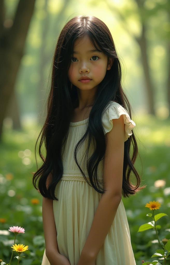 A girl, long straight black hair, big black eyes, naked