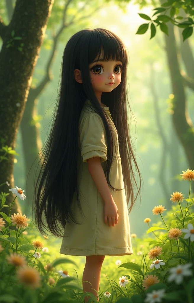 A girl, long straight black hair, big black eyes, naked