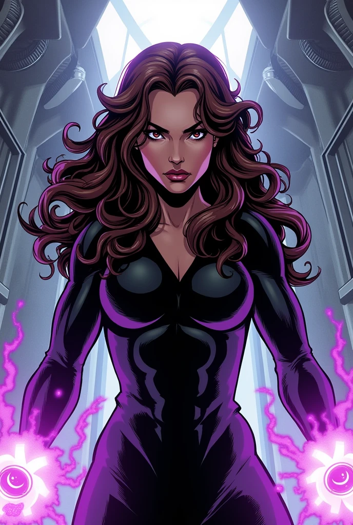 X-men comic panel superheroine with long dark brown curly hair parted in the middle, dark brown, slanted, almond-shaped eyes, purple power, skin fair, In the house of X men