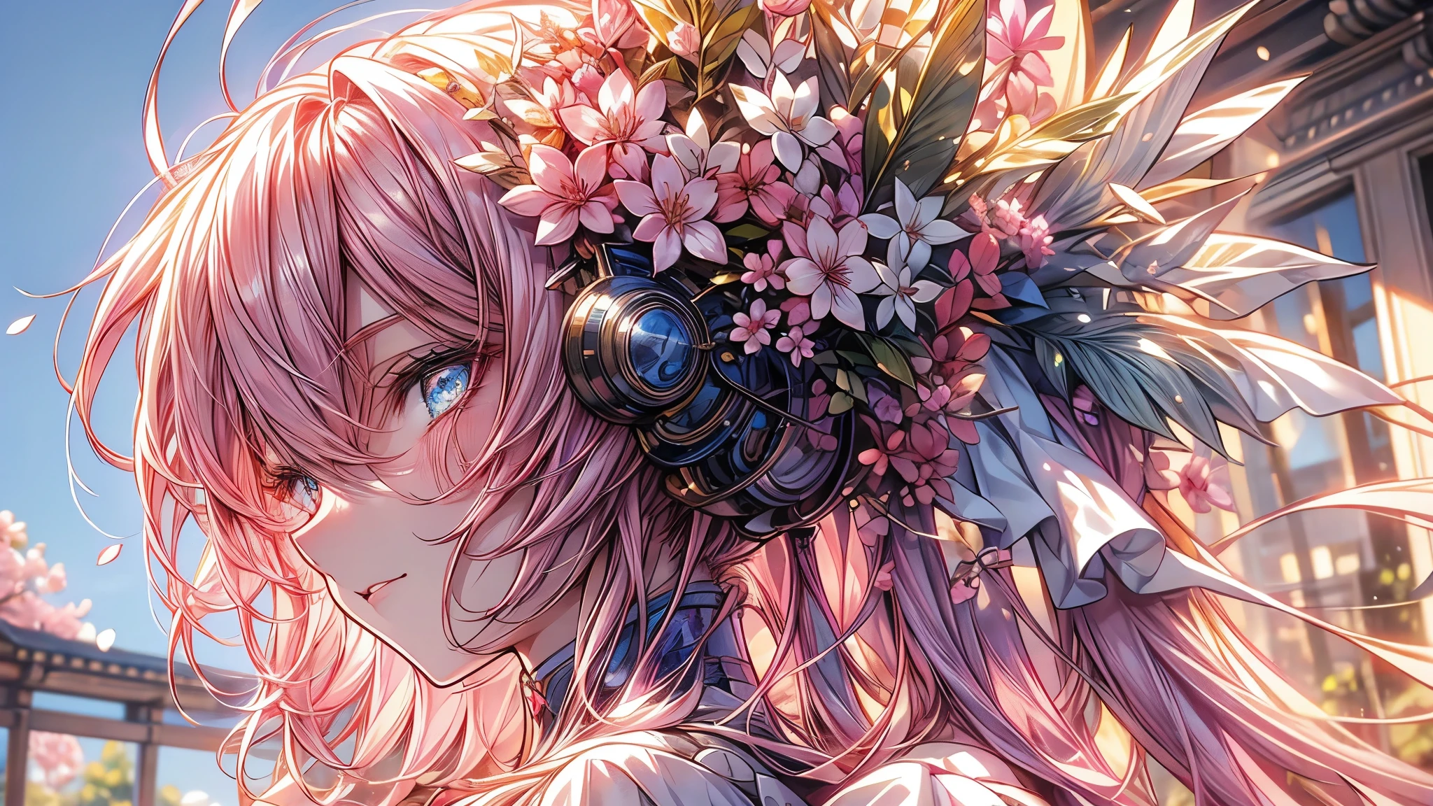 Detailed anime style, Beautiful and stunning artwork, Bright shadows, strong colors, Pastel cotton candy, a beautiful woman, pink hair, blue eyes, Beautiful scenery, Cherry blossom leaves, Linear and detailed illustration