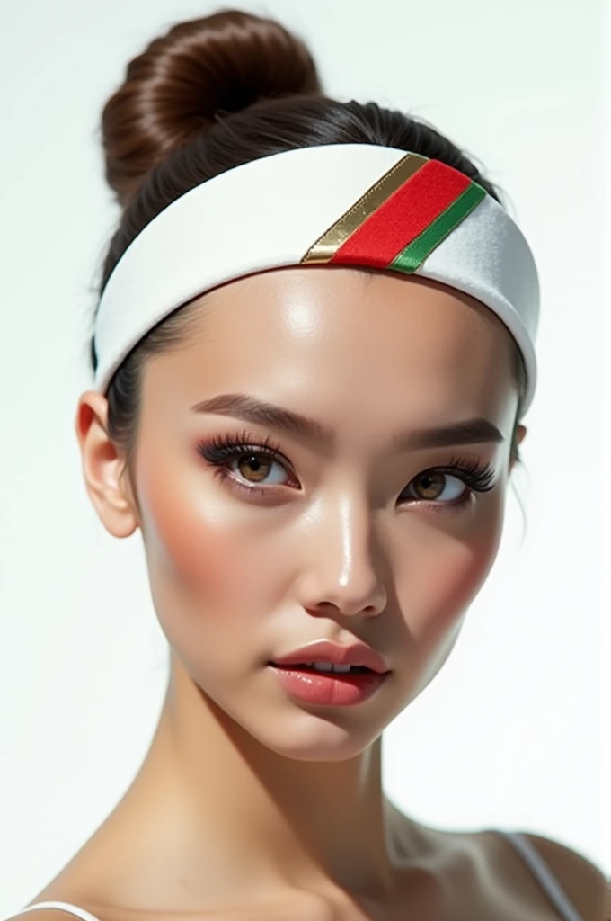 White headband with lines red and green on top and lines black and gold below leaving the middle white and it should have a white background