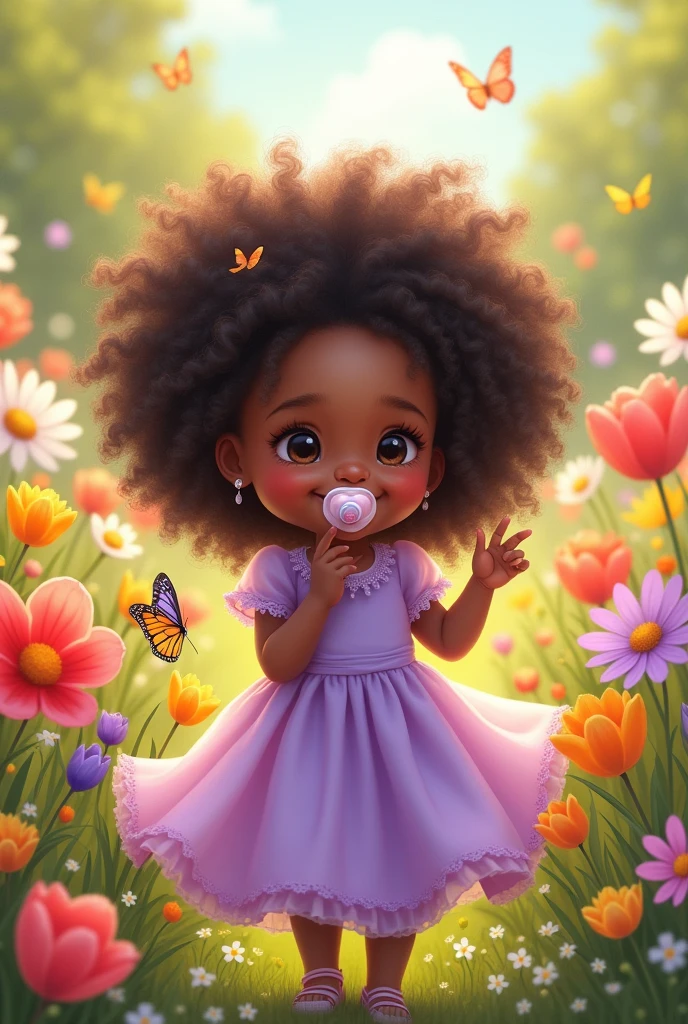 a 4 year old, of mulatto skin, with long curly hair, using a pacifier and wearing a lilac dress. Her name is moon and she is in a garden playing.