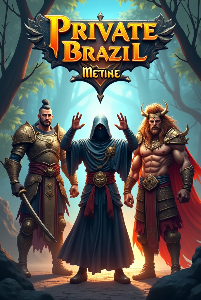 A screenshot from the game Metin2, with a warrior, a ninja, a shaman and a shura holding hands and, over their heads, Written "Private Brazil Metin Online"