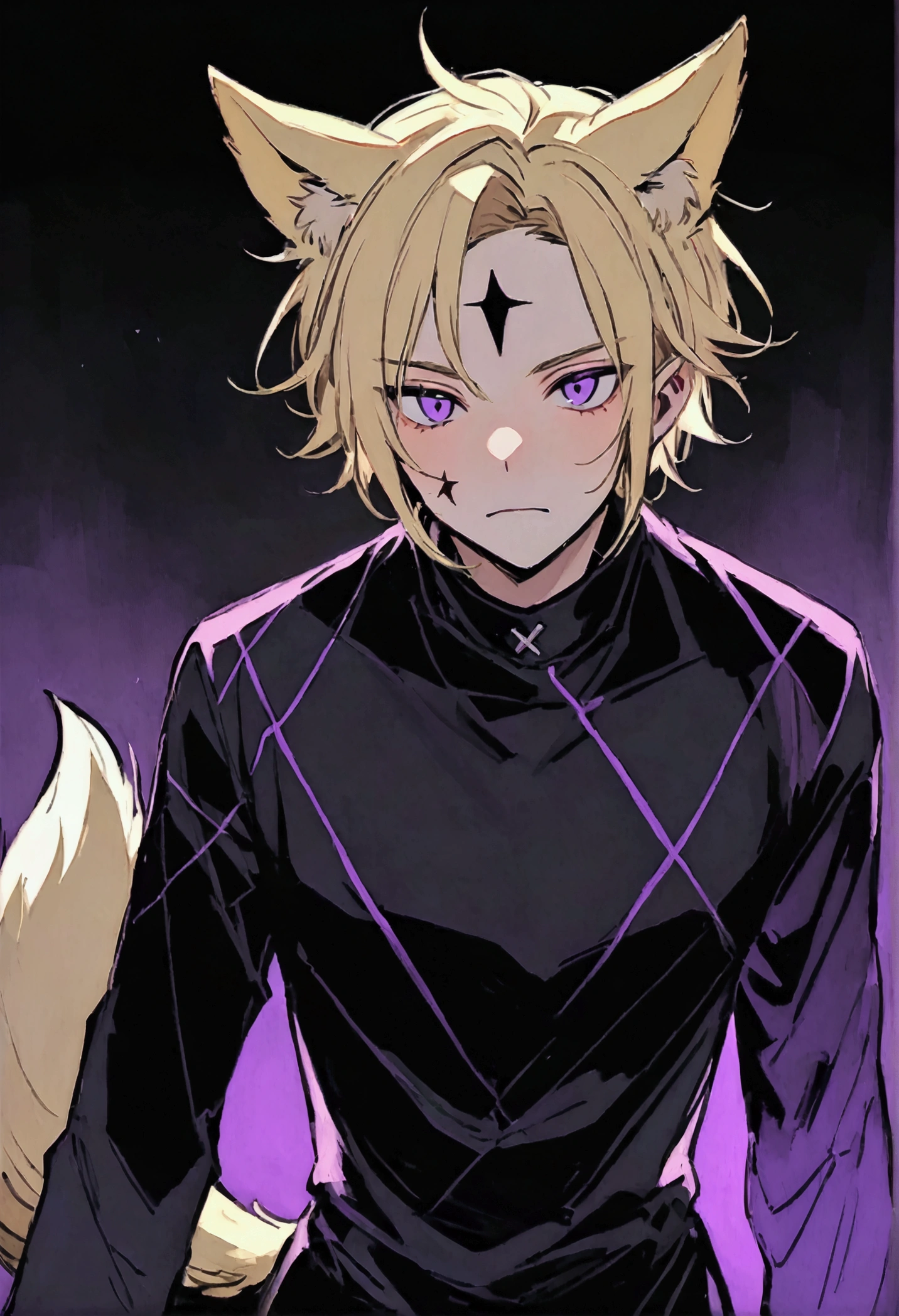 Young adult with small scars on his face, short messy blonde hair, dark purple eyes and a Black Cross shape mark on his forehead, simple dark-colored clothes, wolf ears and tail