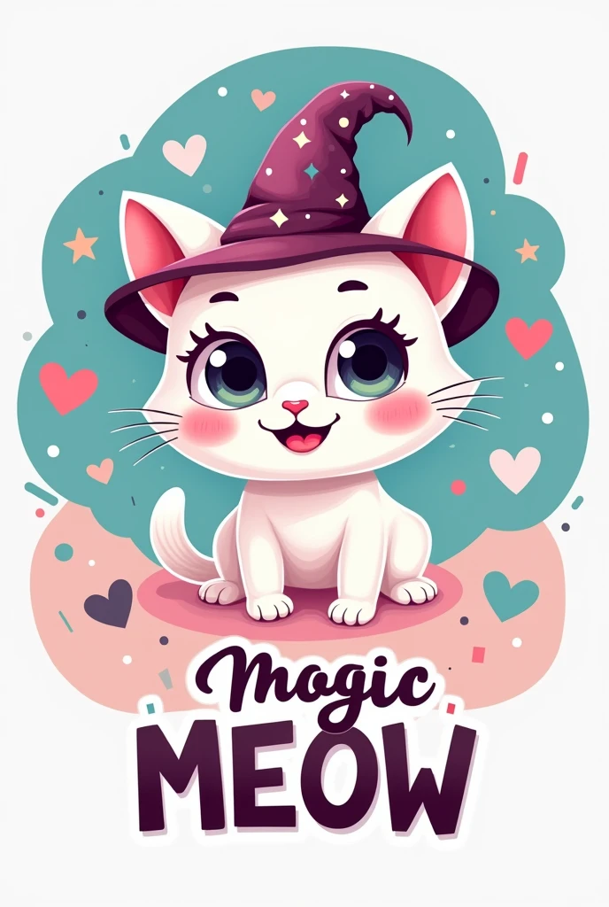Logo for an online accessories store, With the name, Magic MEOW, with Kwai and cute theme, cheered up, and that the white kitten has a witch's hat