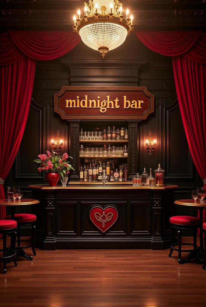 Inside the grand theater stage A rustic Victorian-era bar with antique red and black accents. The logo is a heart broken in half with infinity, the counter located in the middle, an antique Victorian-era sideboard and the name "midnight bar" in brazilian portuguese. two tables, left and right. An imperial chandelier in the center.