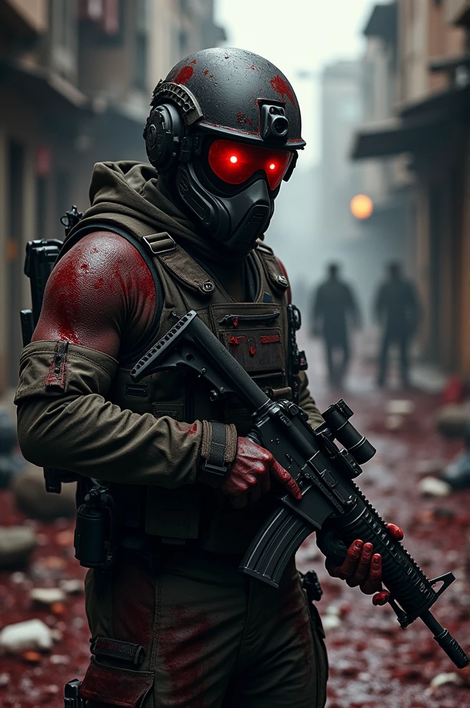 Delta operative covered in blood. He is injured and he is afraid. He is wearing tactical helmet and googles.