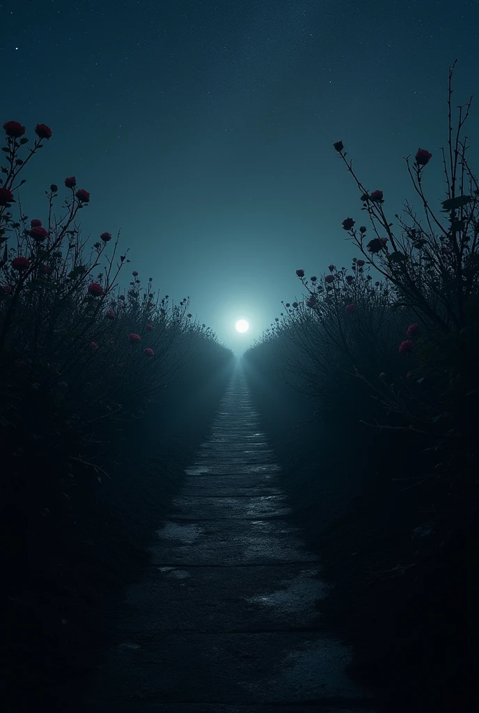 An image that is dark around, and in the center a light like a light at the end of the tunnel, with a path little seen in the dark midst, Below, rose bushes with many terrible thorns that gradually sprout few roses, above a starry sky, in the central part empty space to add text