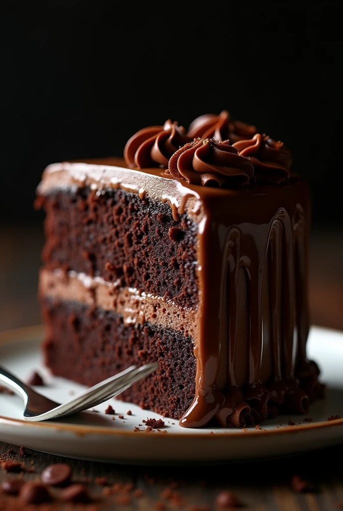 cinematic film still chocolate, chocolate cake, dark background, quality photo, moist texture, frosting, studio photo, slice . shallow depth of field, vignette, highly detailed, high budget, bokeh, cinemascope, moody, epic, gorgeous, film grain, grainy