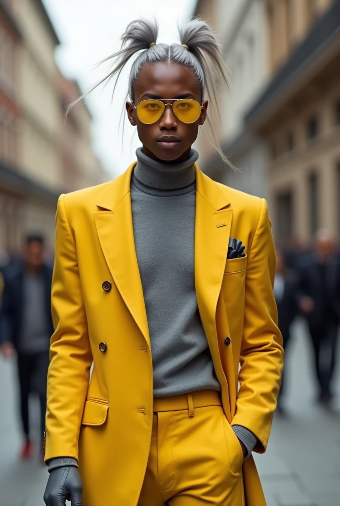 is a 17-year-old with a striking appearance and a meticulously crafted style. He stands at an average height with bronzed skin that complements his unique hair—silver with golden highlights—always tied in a short ponytail just above the nape of his neck. Two long strands fall on either side of his face, framing his intense, golden eyes. Rat’s look is completed with yellow aviator sunglasses, which he always wears. His school uniform is as sharp as his personality: a yellow long-sleeved dress shirt under a gray sleeveless sweater, topped with a yellow blazer. He pairs this with matching yellow dress pants and elegant black shoes, accessorizing with gray leather gloves