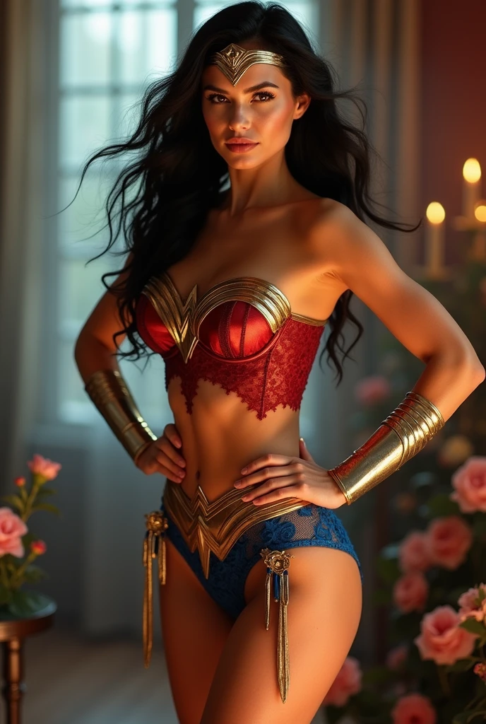 wonder woman in lingerie posing for photos