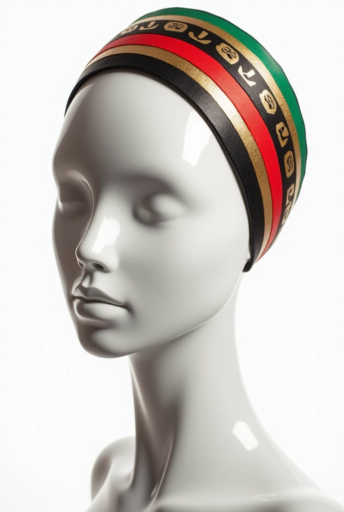 White headband with lines red and green on top and lines black and gold below leaving the middle white and it should have a white background