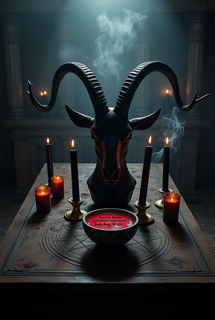Altar with inverted pentagrams, The head of a black goat on the altar, black candles, Incense smoke rising from a bowl on the altar, which has the word written in blood "Areeba Nahi bachay Gi "