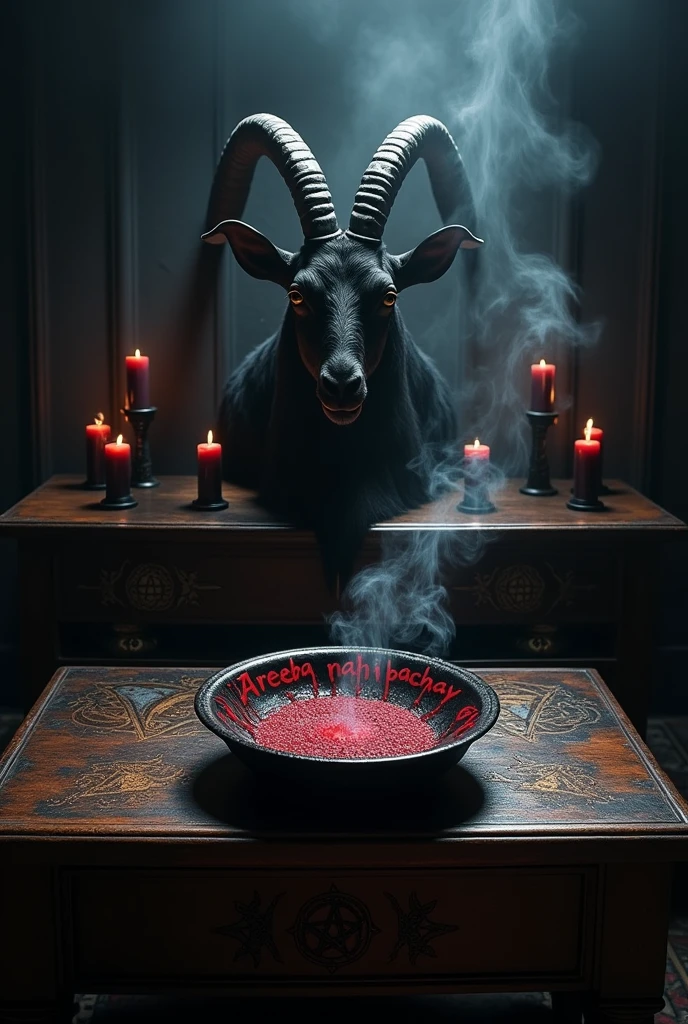Altar with inverted pentagrams, The head of a black goat on the altar, black candles, Incense smoke rising from a bowl on the altar, which has the word written in blood "Areeba Nahi bachay Gi "