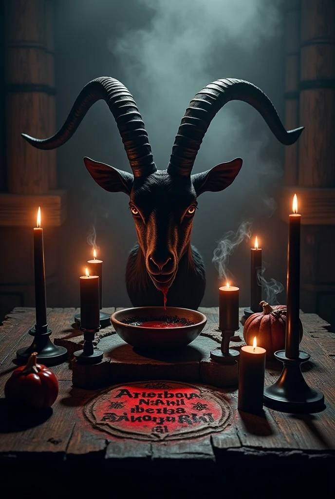 Altar with inverted pentagrams, The head of a black goat on the altar, black candles, Incense smoke rising from a bowl on the altar, which has the word written in blood "Areeba Nahi bachay Gi "