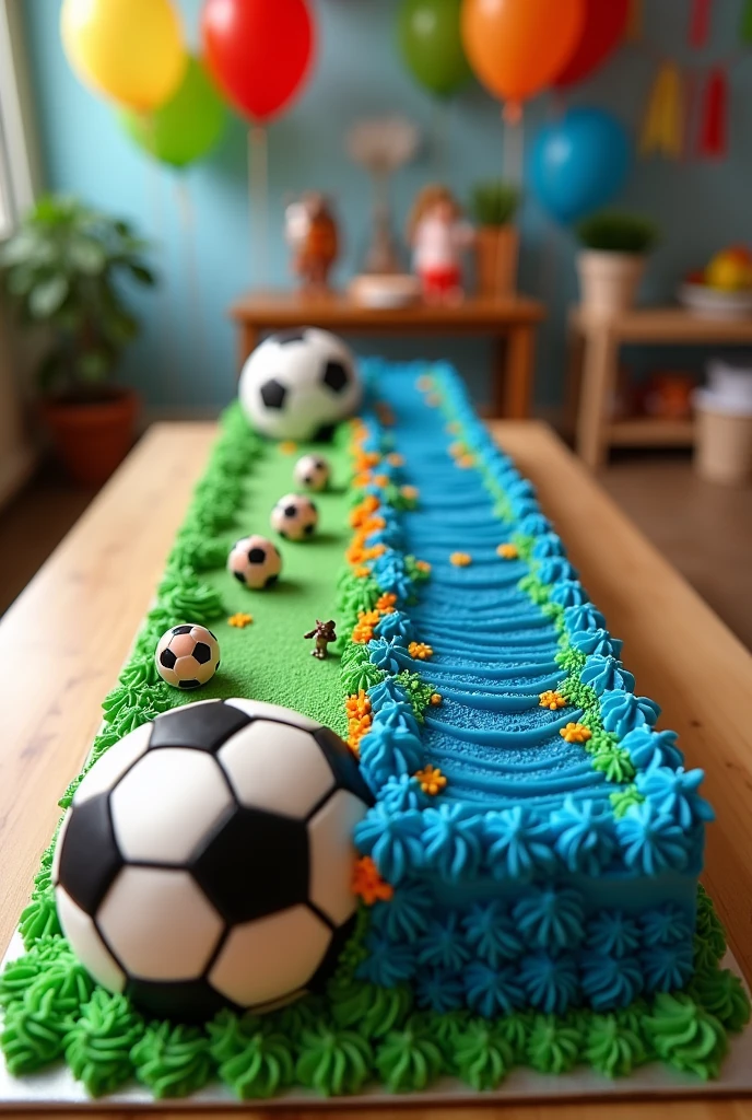 Hi, could you make me a picture of a square cake?, but half of them should have the figures of a soccer ball and the other half should have the character from the Mohana movie, I need the cake to be big. And that the part of the soccer ball was dedicated to soccer and the other half to the Mohana movie since the cake is dedicated to a boy and a girl.