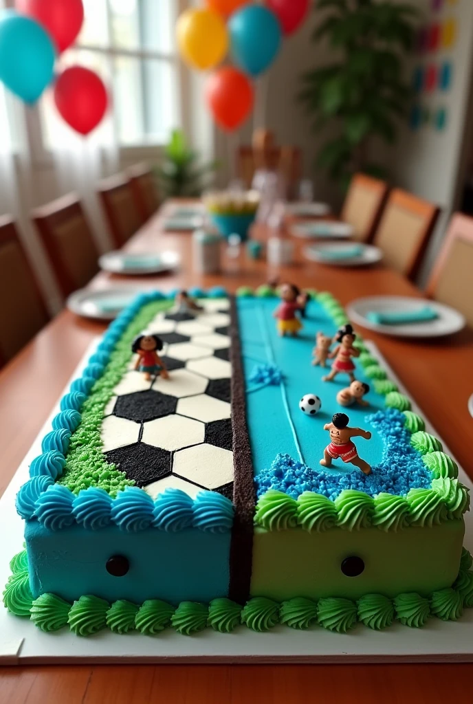 Hi, could you make me a picture of a square cake?, but half of them should have the figures of a soccer ball and the other half should have the character from the Mohana movie, I need the cake to be big. And that the part of the soccer ball was dedicated to soccer and the other half to the Mohana movie since the cake is dedicated to a boy and a girl. 