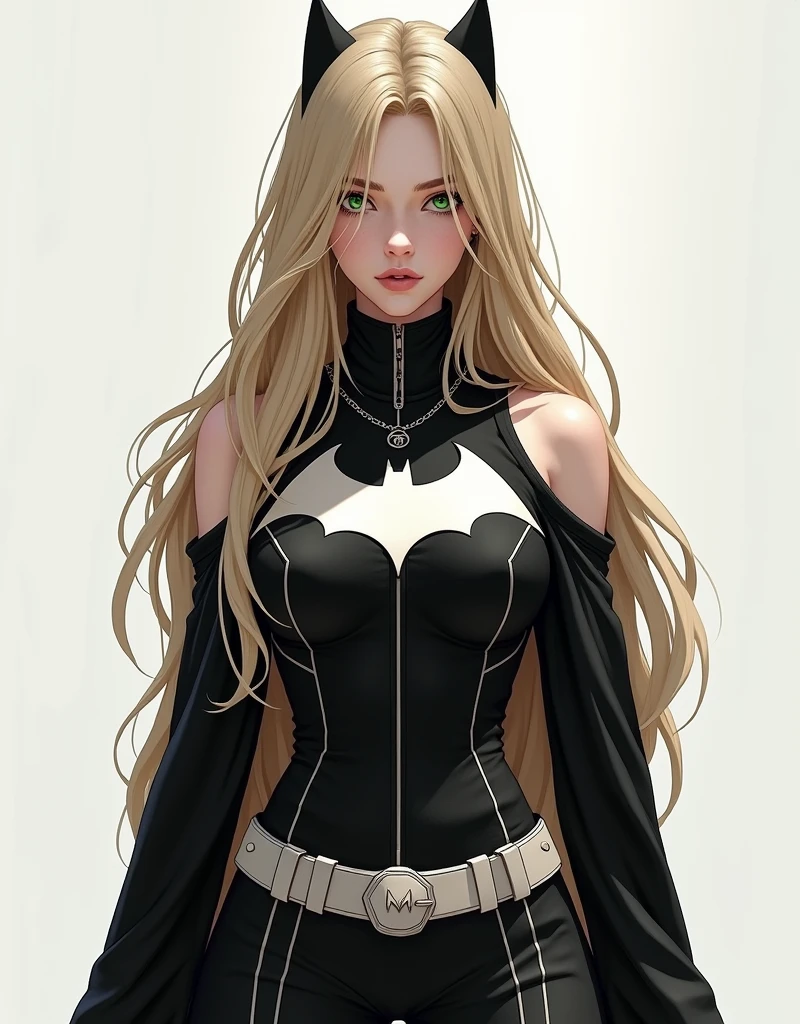 1 girl in, 20 years, standing alone, long hair, Colossal , looking forward at the viewer, blonde hair, blonde hair, bare shoulders, green eyes, Jewelry, whole body, NECKLACE, off the shoulders, Sweaters, realistic, sexual, big tits,batgirl superheroes full outfit, Black and white