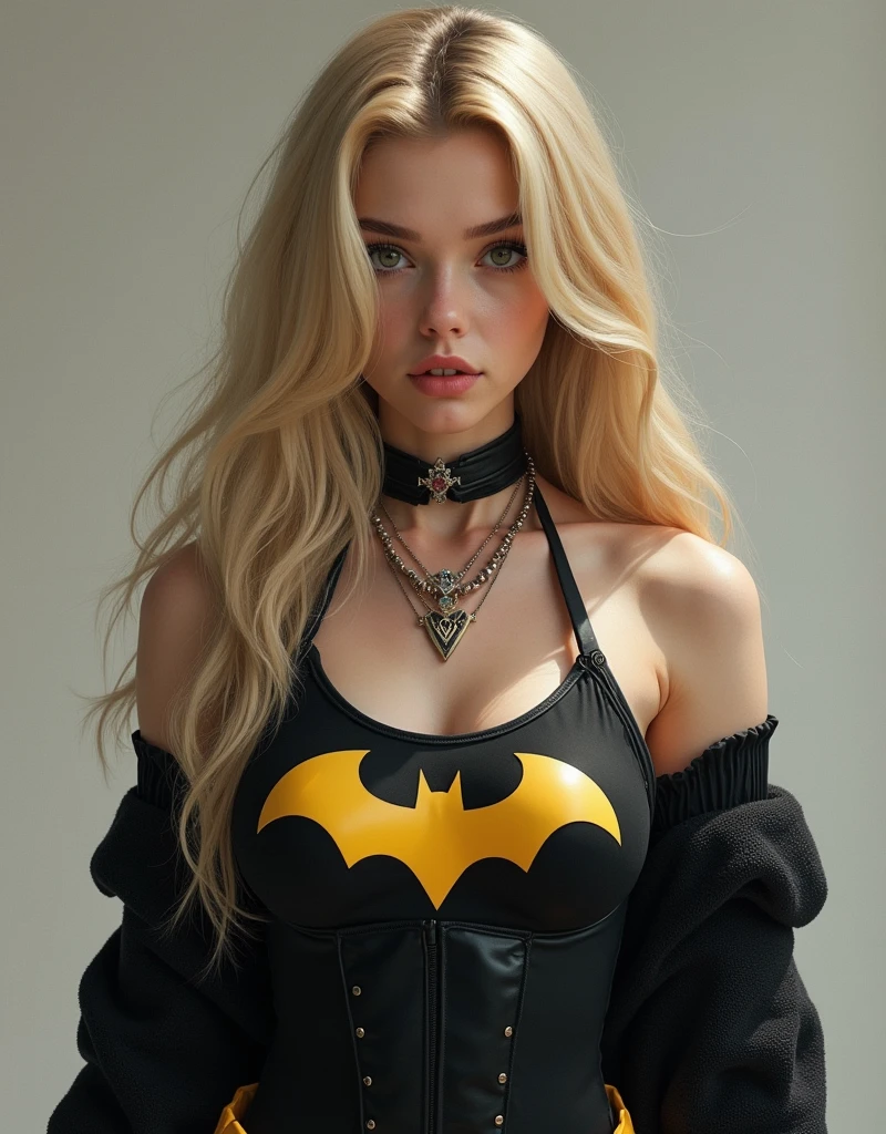 1 girl in, 20 years, standing alone, long hair, Colossal , looking forward at the viewer, blonde hair, blonde hair, bare shoulders, green eyes, Jewelry, whole body, NECKLACE, off the shoulders, Sweaters, realistic, sexual, big tits,batgirl superheroes full outfit, Black and white