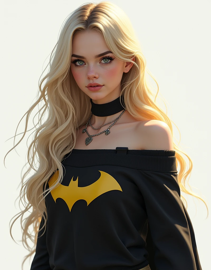 1 girl in, 20 years, standing alone, long hair, Colossal , looking forward at the viewer, blonde hair, blonde hair, bare shoulders, green eyes, Jewelry, whole body, NECKLACE, off the shoulders, Sweaters, realistic, sexual, big tits,batgirl superheroes full outfit, Black and white