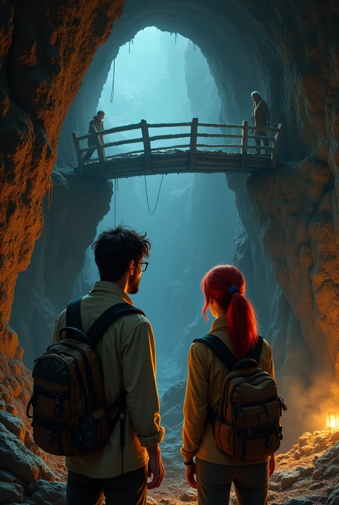 Two scientists, two adults, a man and a woman, in a cave looking ahead at another closed cave and a collapsed bridge on the edge of a wooden cliff. And on the other side you see an old scientist